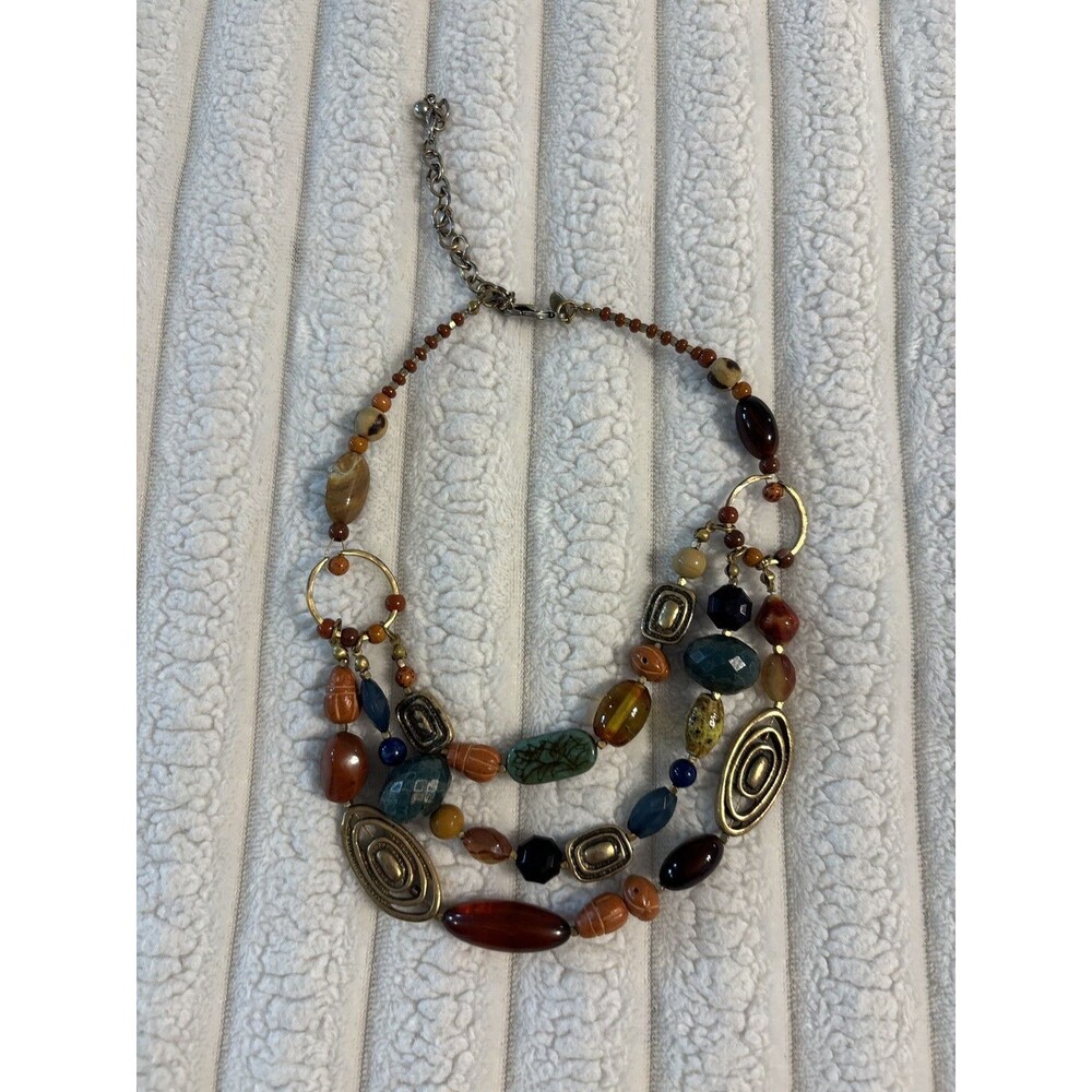 Chico's Colorful Geometric Beaded 3-Strand Statement Necklace hippie boho chunky